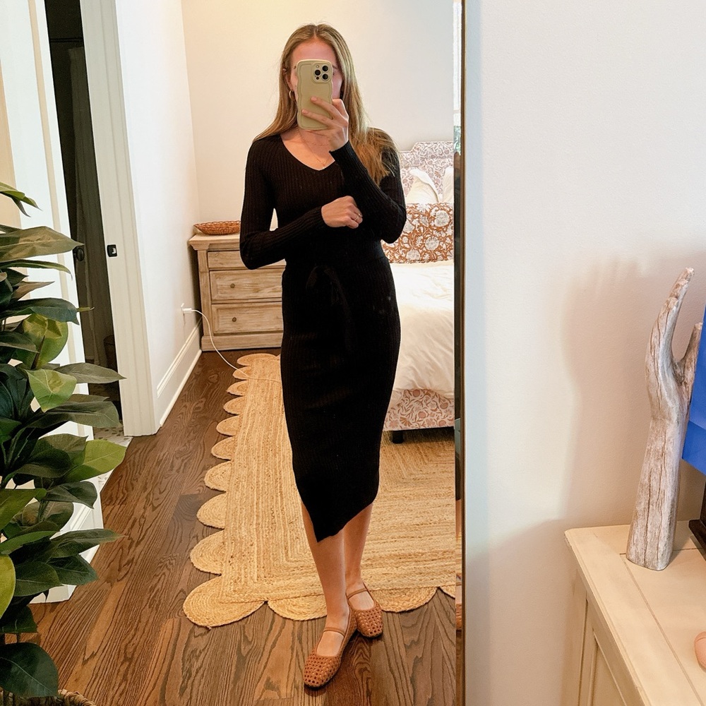 Mango Black Ribbed Long Sleeve Midi Dress